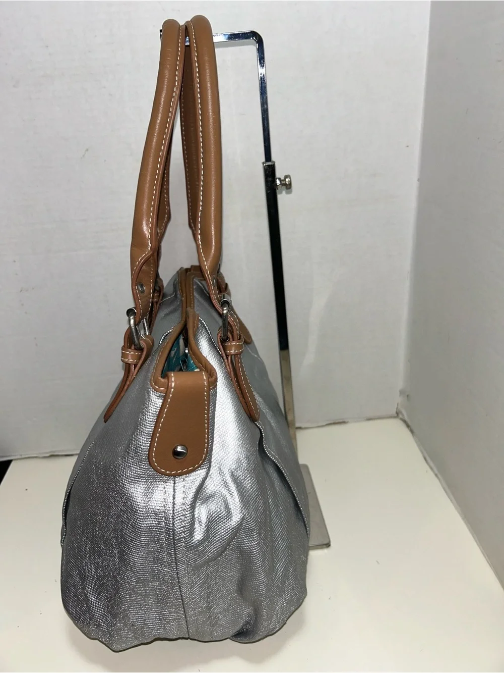 Boden Silver Metallic Coated Corton Tan Leather Tote Shoulder Bag